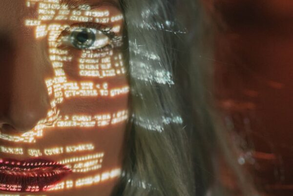 woman with text projected on her face